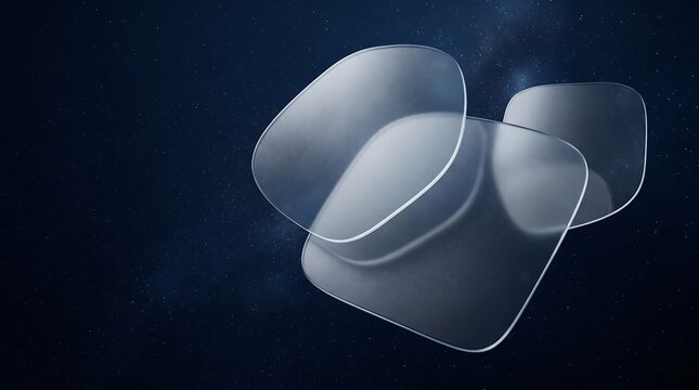 Floating transparent glassmorphic plates on dark blue cosmic background for modern UI design concept