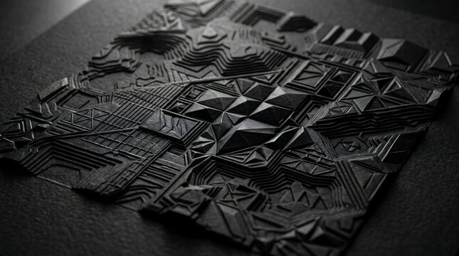Abstract black 3D topographic relief map with geometric architectural patterns and futuristic textured layout