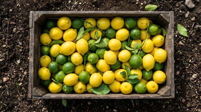 Fresh yellow lemons and green limes in a dark wooden crate viewed from directly above