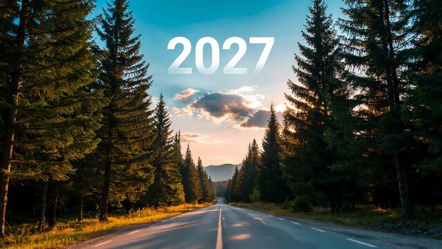 A straight evergreen bordered road receding into a sunlit mountain backdrop featuring the numerical text 2027 above, conveying an empowering feeling of progression and tomorrow
