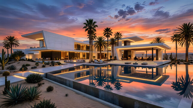 Modern luxury villa with swimming pool and palm trees during a colorful sunset in the desert