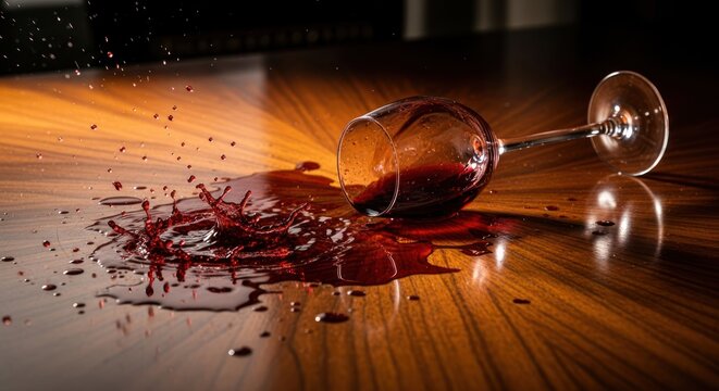 Spilled Red Wine Glass on Wooden Floor.