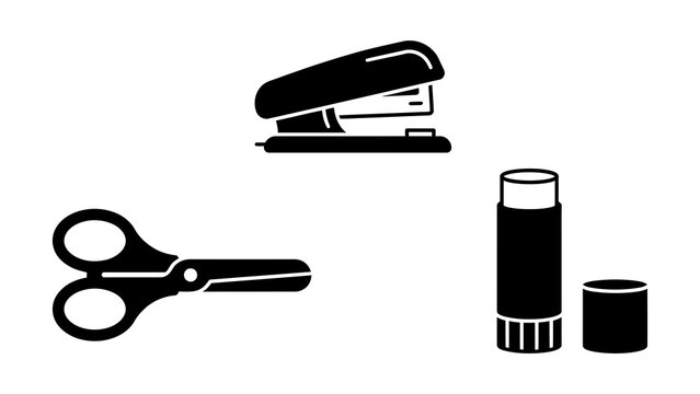 Flat icons of office stapler, scissors, and markers