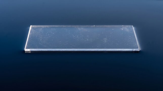 Clear Rectangular Glass Sheet Resting on Dark Blue Surface