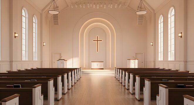Empty church interior with wooden pews and a cross