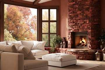 Obraz premium Rustic living room with a red stone fireplace and burning fire, featuring a plush white sofa and bay window with autumn views for cozy interior design