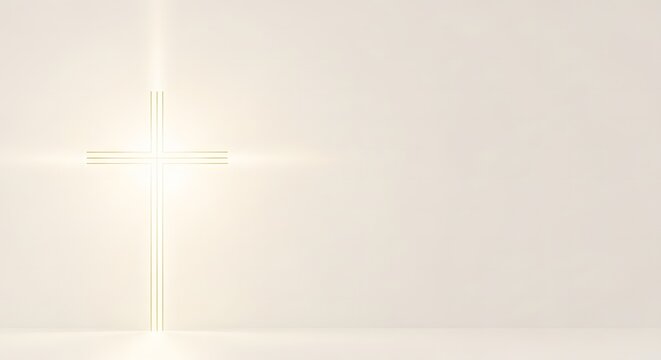 Glowing golden christian cross on a soft light background