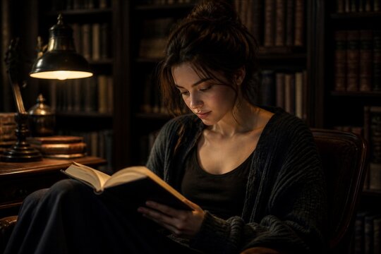 Young woman reading book by lamp in dim library study