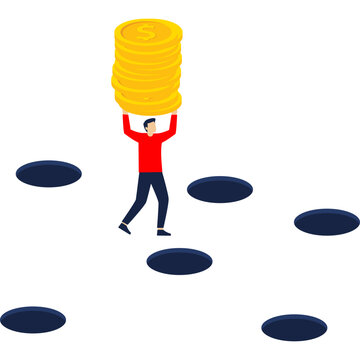 Businessman carrying coin stack walking cautiously past pitfall holes