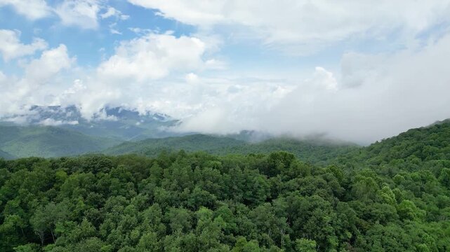 Aerial view flying over lush green mountains and low drifting clouds near Cherokee, North Carolina, with dense forest and atmospheric mist.