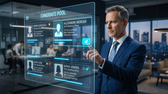 Man in suit interacts with holographic candidate pool display, showcasing digital recruitment, business showcase, mockup, free space