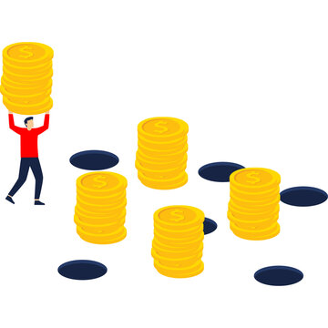 Businessman carrying money stack walking through financial pitfall holes