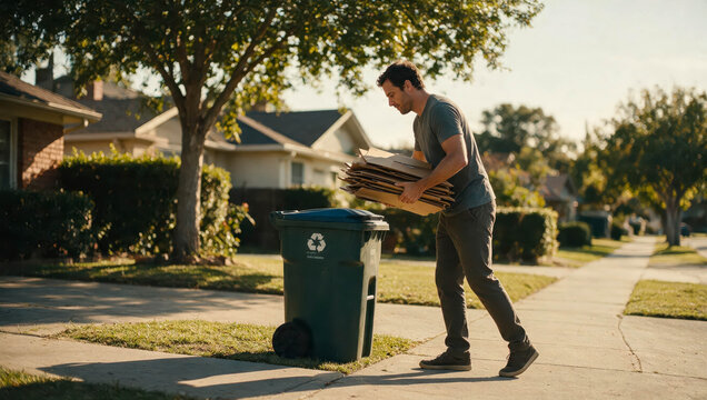 Man carries boxes near green recycling bin. Sunlight glows warmly over suburban street. He walks carefully, focused on task. Quiet neighborhood, homes in soft focus. Perfect for eco-friendly