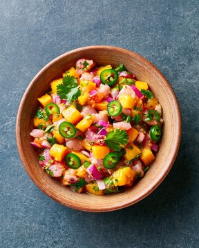 Overhead shot of vibrant Mexican-style ceviche tostada topping featuring diced mango, red onion, jalapeno, and fresh cilantro in a wooden bowl on a textured surface