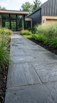 Dark slate stone path leads through serene backyard landscape towards minimalist black modern house with tall green grasses.