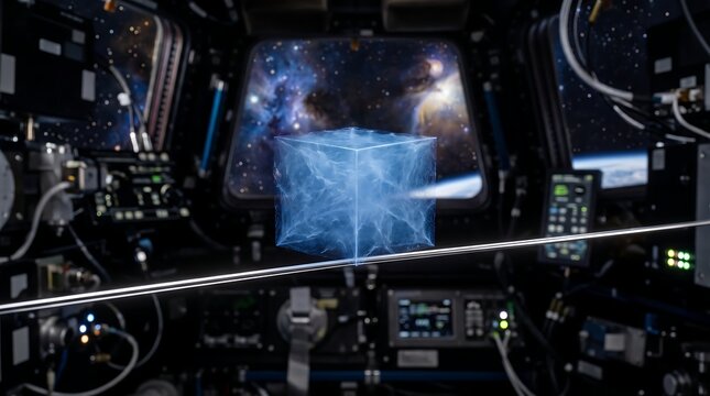 Futuristic glowing blue holographic cube floating inside a spaceship cockpit with a view of deep space and Earth