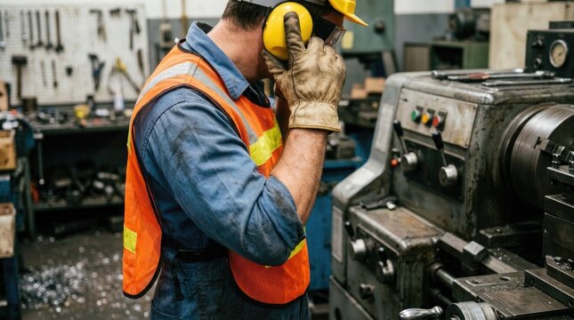Industrial worker adjusting hearing protection in a machine shop