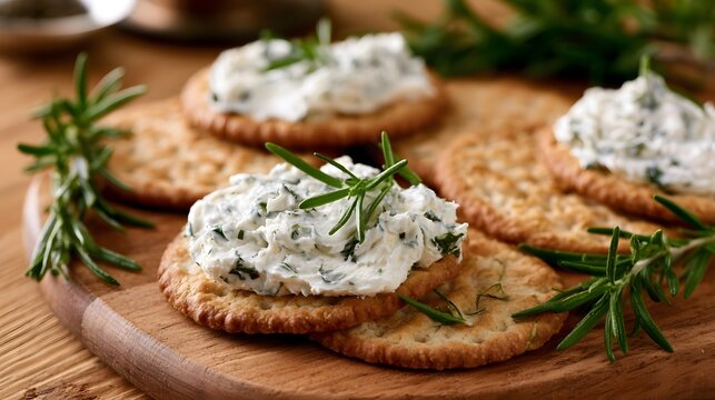 Fresh herb cream cheese spread on round crackers garnished with rosemary sprigs arranged on a wooden serving board