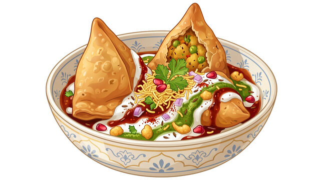 Traditional Indian Samosa Chaat PNG Vector Illustration Isolated on Transparent Background