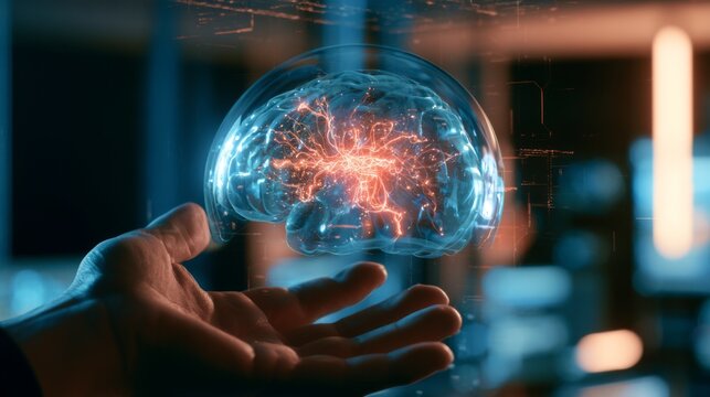 Ethereal Human Hand Reaching Toward Floating Translucent Brain with Pulsating Energy and Vibrant Neural Connections