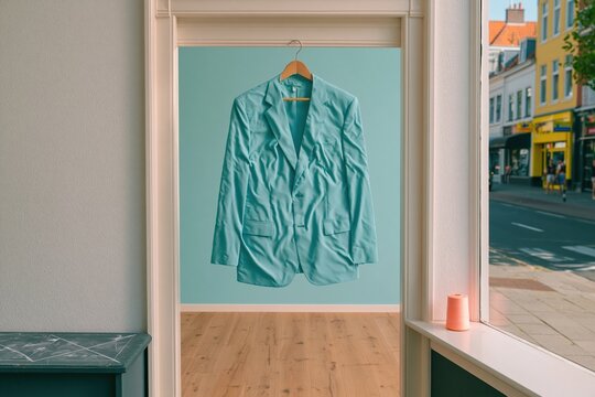 A teal tailored jacket made of liquid water hangs in a shop doorway, featuring fluid ripples and seafoam aqua highlights for a textile care brand