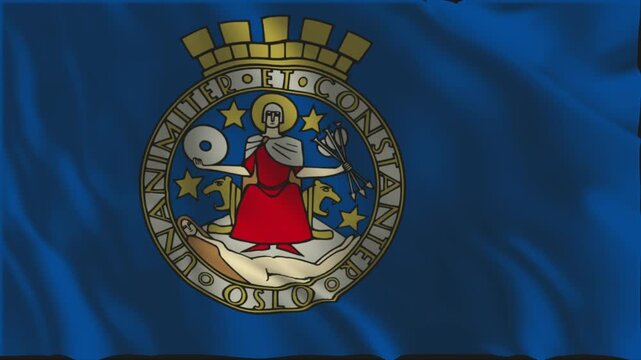 Flag of Oslo waving slowly in the foreground.