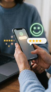 Person reviewing feedback on phone, with star ratings and a smiling face icon, symbolizing customer satisfaction and service evaluation