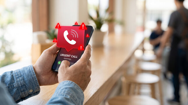 Man holding phone showing urgent call incoming notification, representing emergency and critical communication alerts, suitable for alerts or service themes