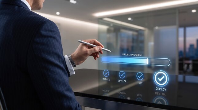 Business professional tracking project progress on digital deployment interface screen
