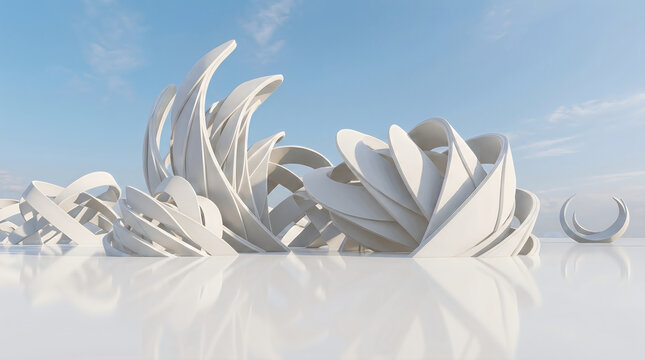 Modern Futuristic White Parametric Curved Sculptures Installation.