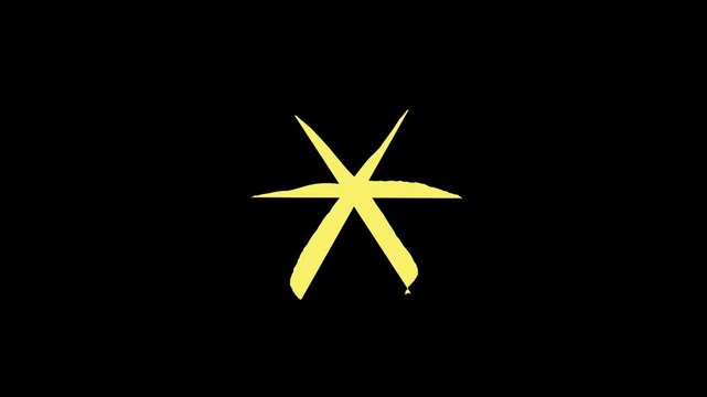 Yellow line brush star flashing animation on black background. Abstract starburst symbol motion graphics video overlay for creative design projects.