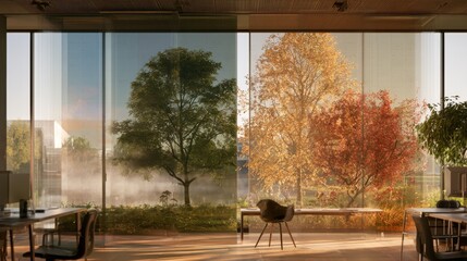 Fototapeta premium Enormous Transparent Wall Calendar with Overlapping Seasonal Landscapes in Modern Office Interior
