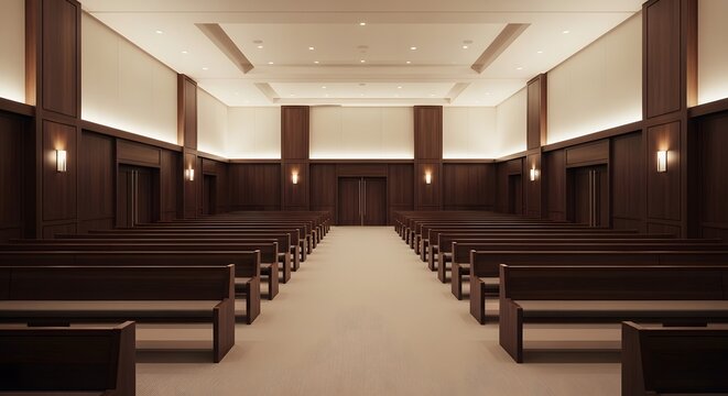 Empty church interior with wooden pews and aisle