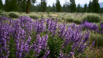 Obraz premium A vibrant field of purple sage flowers blooming under natural daylight with green foliage and distant trees