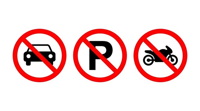 Set of three circular road signs showing no parking for cars and motorcycles with a red prohibition border symbol