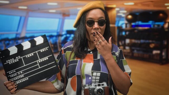 Young african american woman holding film clapperboard and vintage camera, hand to mouth gesture while wearing beret and sunglasses in studio; creative curiosity playful.