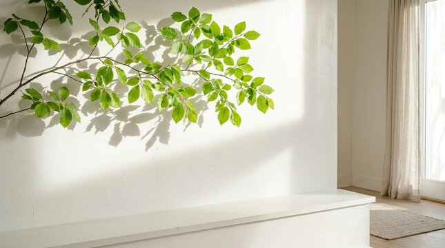 Minimalist modern interior scene with a white wall sunlight shadows and fresh green tree branches