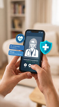 Close-up of a smartphone displaying a telehealth consultation, representing remote medical care and convenience, perfect for health tech concepts.