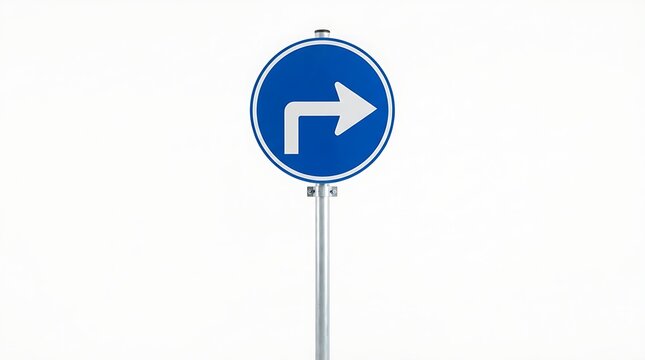 Blue circular road sign with a white arrow pointing to the right indicating a mandatory turn on a metal pole