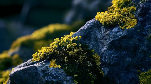 Vibrant yellow lichen clings to textured gray rock surfaces under crisp side lighting  highlighting natural detail and color contrast