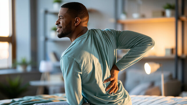 Man stretching his back after waking up, ergonomic mattress concept, morning health routine, with copy space