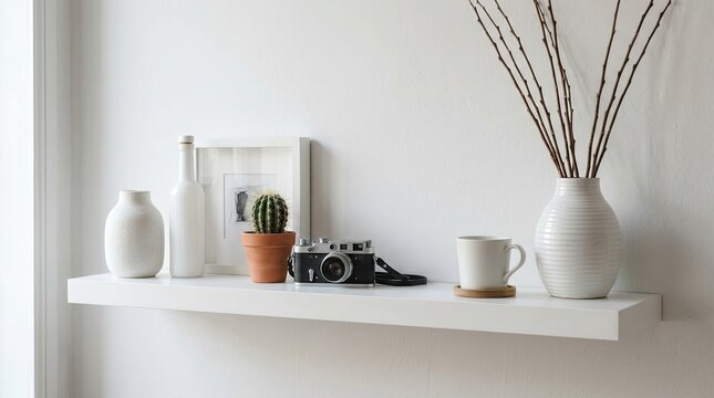 Minimalist white wall shelf decorated with a potted cactus vintage camera and decorative ceramic vases in a bright room
