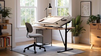 Fototapeta premium A modern adjustable drafting desk with a rolling chair sits under bright in a minimalist home office space