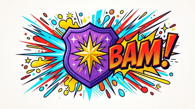 Comic book BAM explosion with purple shield, superhero power burst illustration, vibrant pop art action graphic for gaming and social media