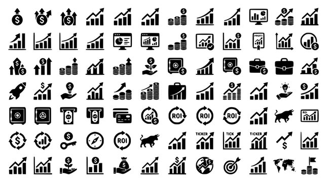 Financial ROI and Return on Investment Solid Glyph Icon Set Featuring Business Revenue Charts, Capital Growth, and Banking Symbols