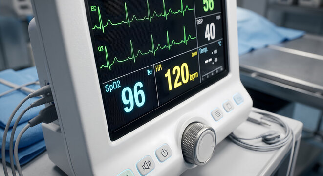 Hospital patient monitor displays green heart rate waves and vital signs in intensive care medical center.