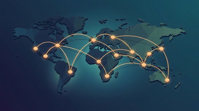 Global world map with connected nodes representing international network.