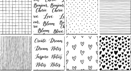 Black and White Seamless Patterns Set - Hand Drawn Grid, Hearts, Dots, and Typography Vector Textures © Nimra