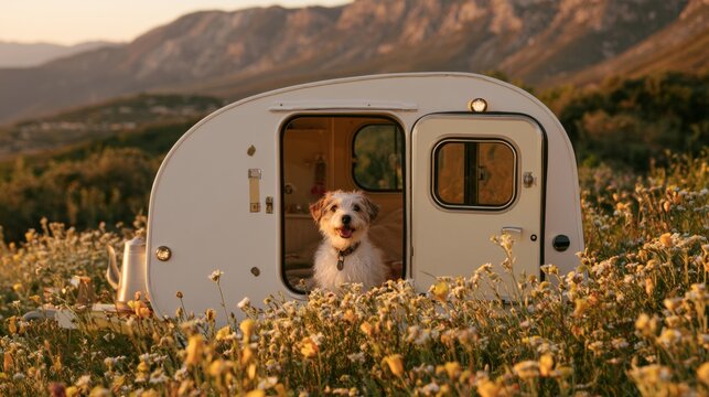 Cheerful Tiny Dog Sitting Inside Vintage Camper Surrounded by Wildflowers in a Scenic Landscape