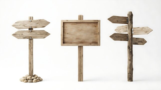 Three different wooden sign posts with blank boards for directions and information in a rustic country style